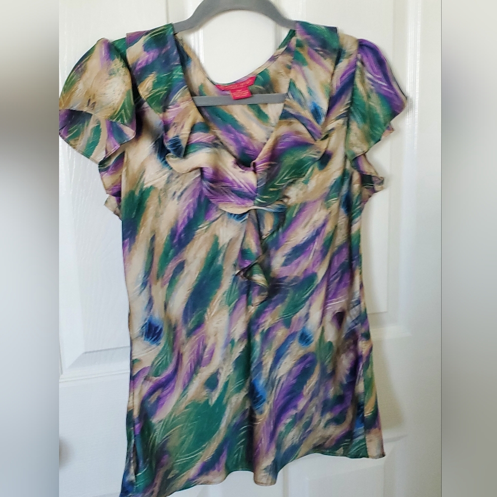 sunny leigh Multicolor Ruffle Blouse with cap sleeves